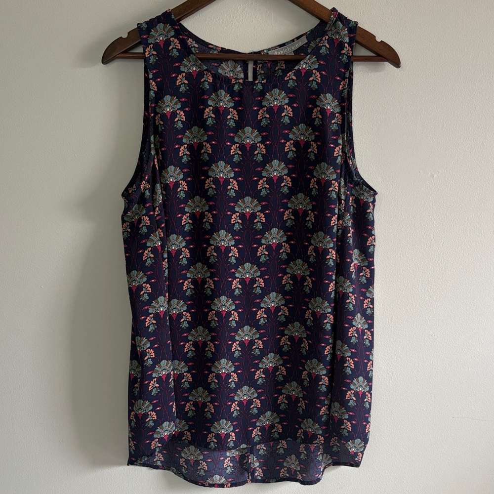 Daniel Rainn Boho Floral Sleeveless‎ Blouse Navy Tank Large